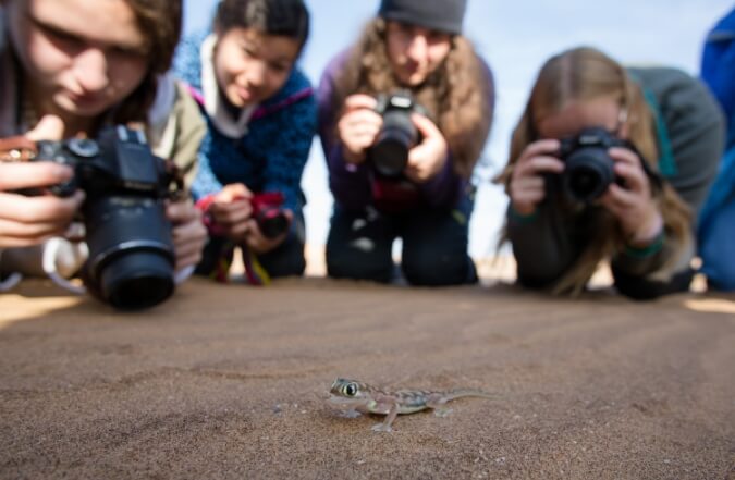 students-photographing-small-lizard-namibia